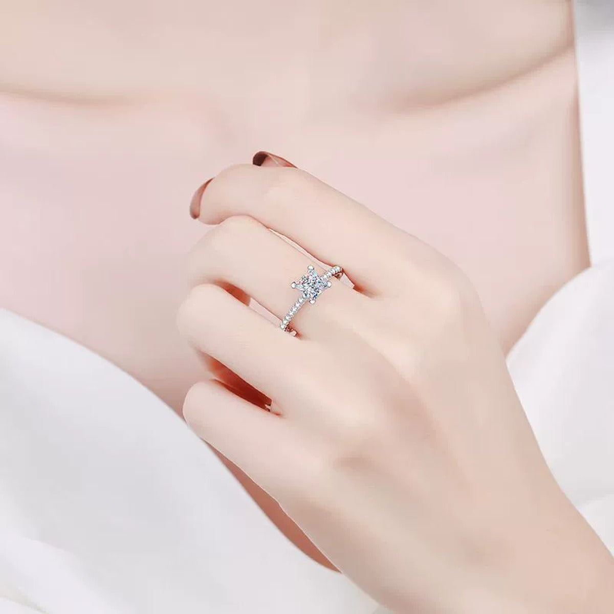 Princess Cut Moissanite Ring with CZ worn on hand by model