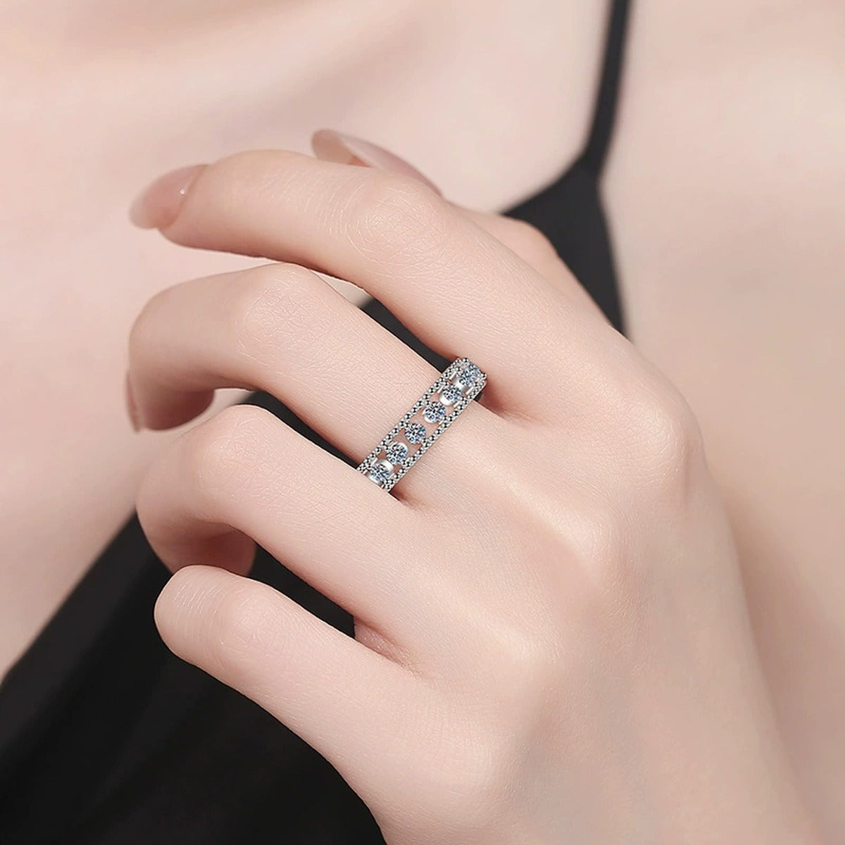 Moissanite Eternity Band Ring in White Gold-Plated S925 Sterling Silver worn by model
