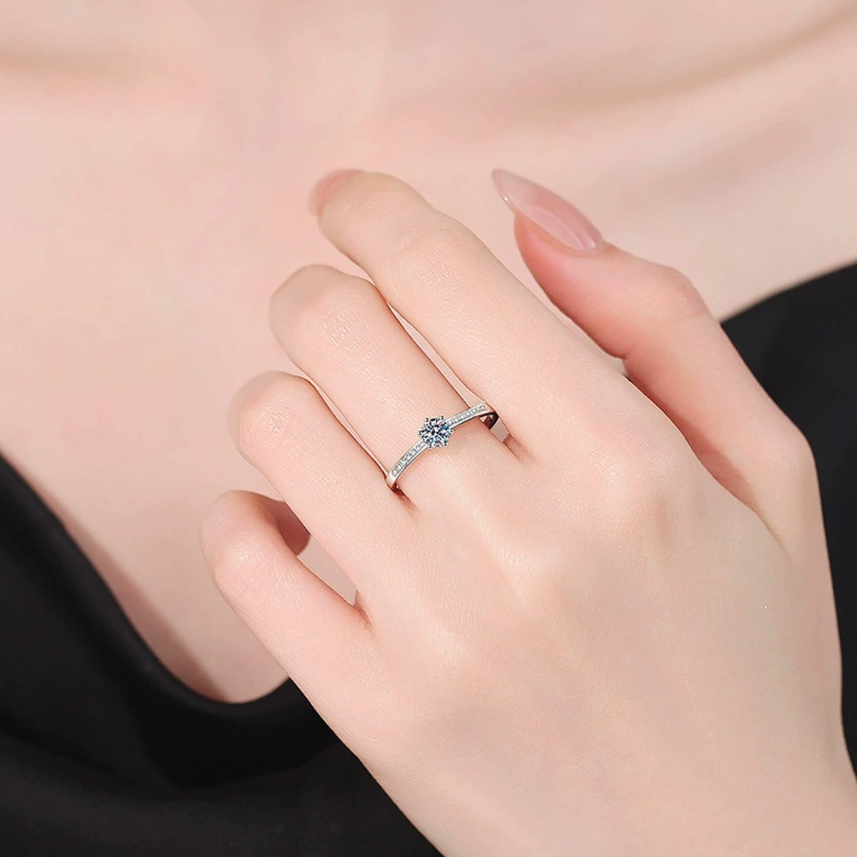 Round Moissanite Ring with CZ close-up product detail view