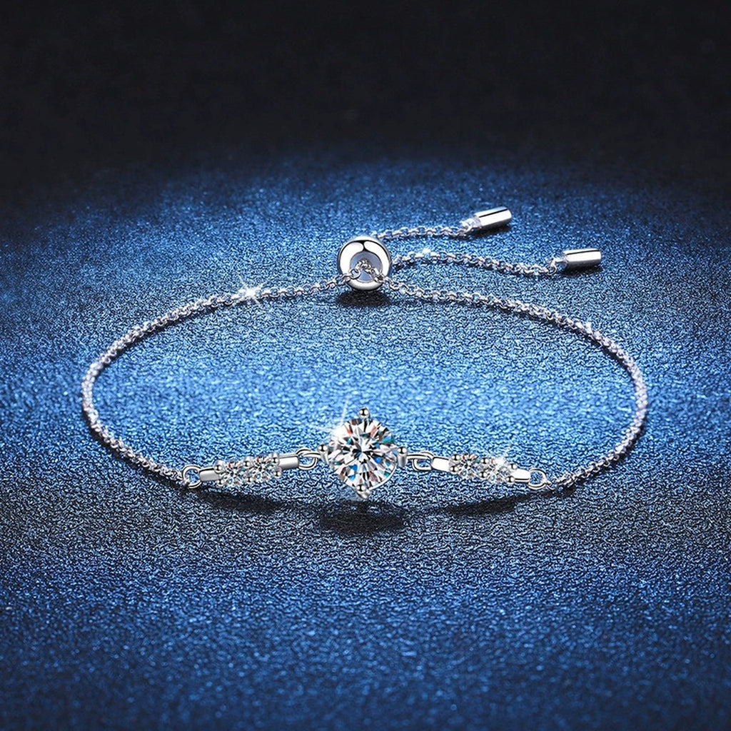 Round Moissanite Adjustable Station Bracelet with CZ close-up bracelet detail showing chain, setting, and stone placement