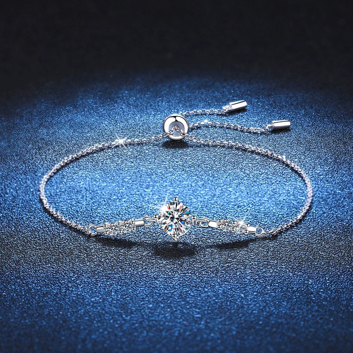 Round Moissanite Adjustable Station Bracelet with CZ close-up bracelet detail showing chain, setting, and stone placement