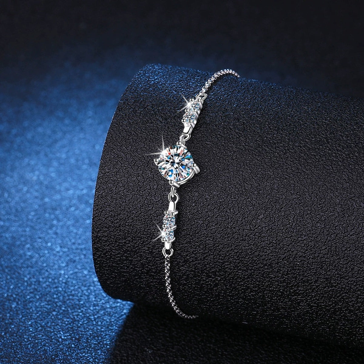 Round Moissanite Adjustable Station Bracelet with CZ close-up bracelet detail showing chain, setting, and stone placement