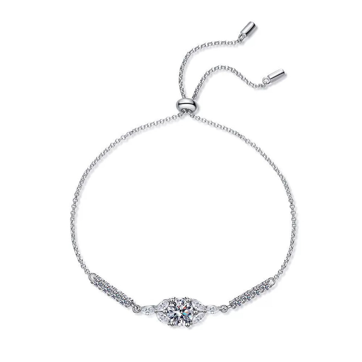 Oval Moissanite Adjustable Station Bracelet with CZ white background product photo showing bracelet shape and stone setting