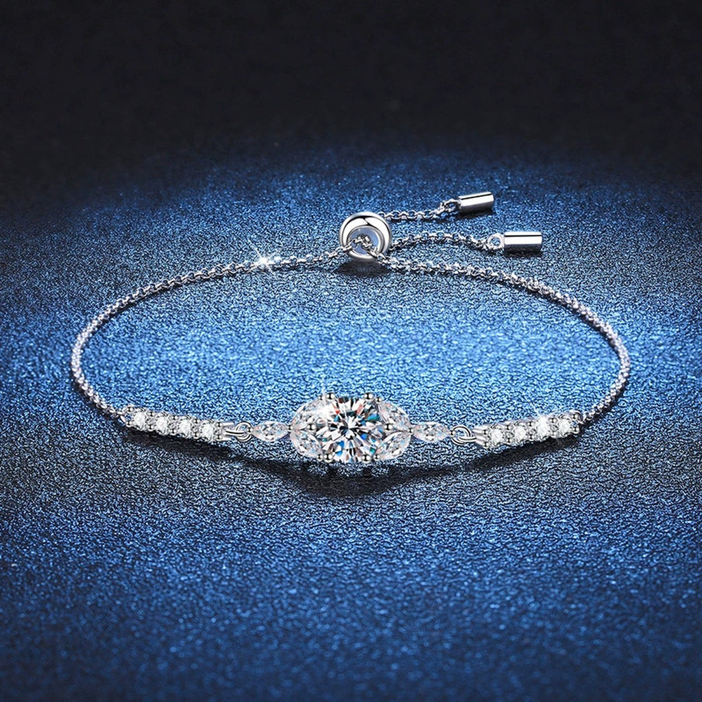 Oval Moissanite Adjustable Station Bracelet with CZ close-up bracelet detail showing chain, setting, and stone placement