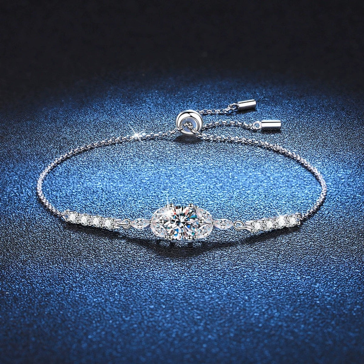 Oval Moissanite Adjustable Station Bracelet with CZ close-up bracelet detail showing chain, setting, and stone placement
