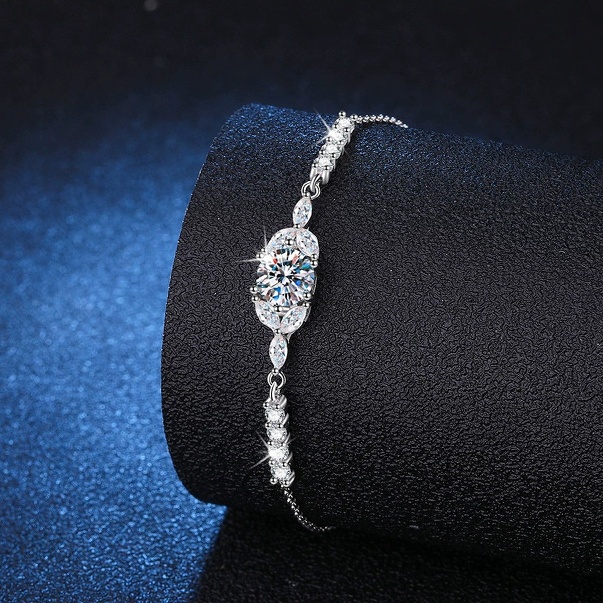 Oval Moissanite Adjustable Station Bracelet with CZ close-up bracelet detail showing chain, setting, and stone placement