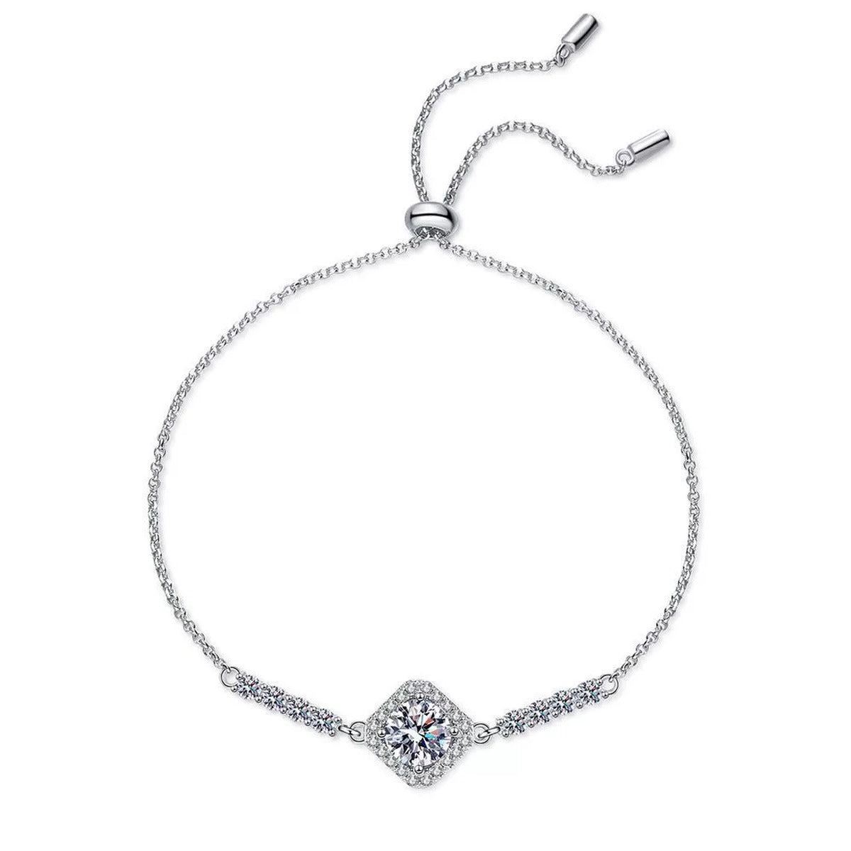 Cushion Moissanite Adjustable Station Bracelet with CZ white background product photo showing bracelet shape and stone setting