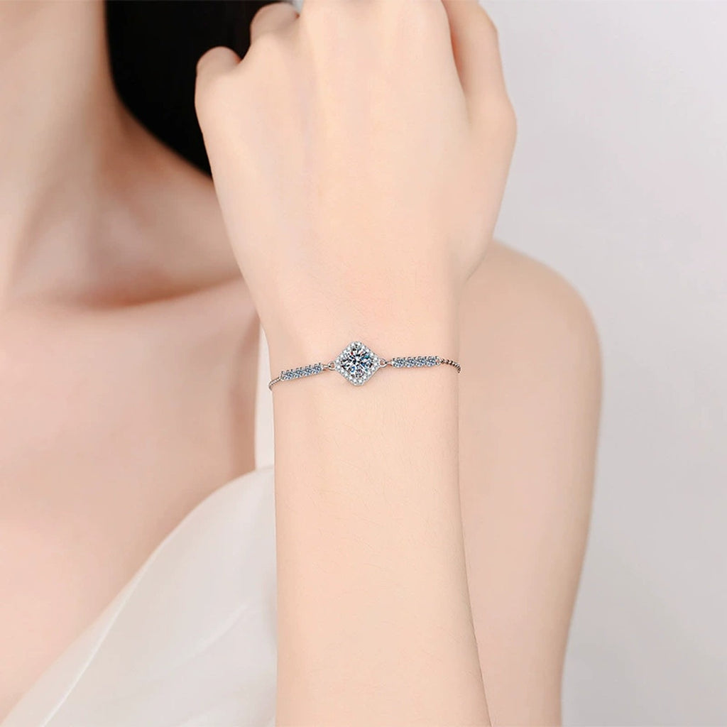 Cushion Moissanite Adjustable Station Bracelet with CZ worn on wrist by model showing scale and bracelet fit