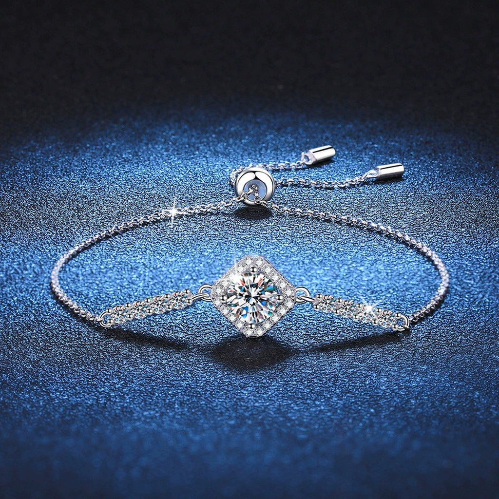 Cushion Moissanite Adjustable Station Bracelet with CZ close-up bracelet detail showing chain, setting, and stone placement