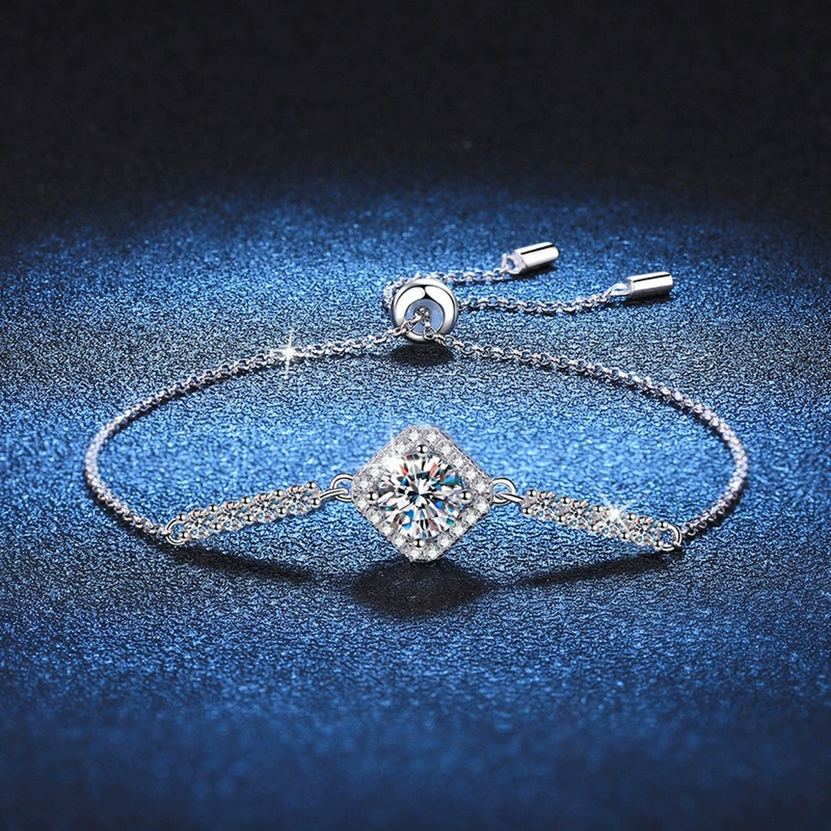 Cushion Moissanite Adjustable Station Bracelet with CZ close-up bracelet detail showing chain, setting, and stone placement