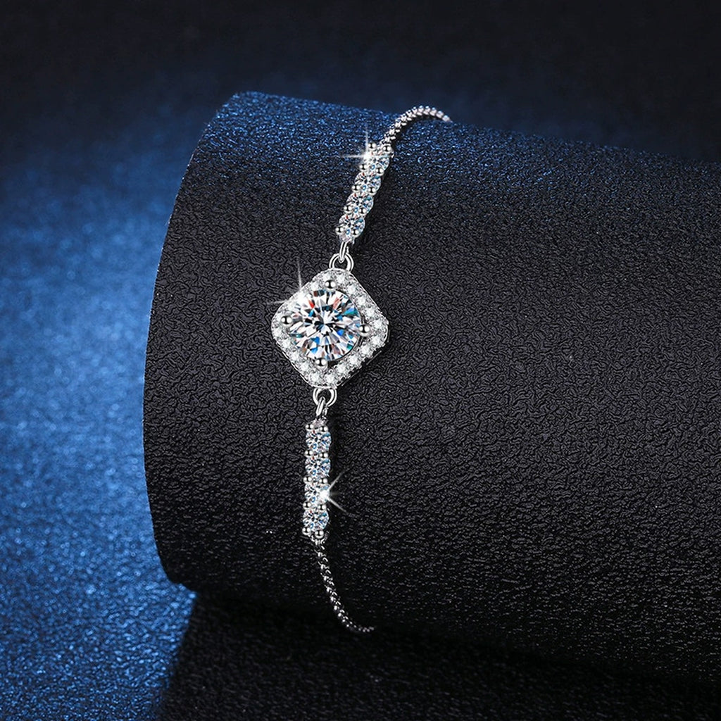Cushion Moissanite Adjustable Station Bracelet with CZ close-up bracelet detail showing chain, setting, and stone placement