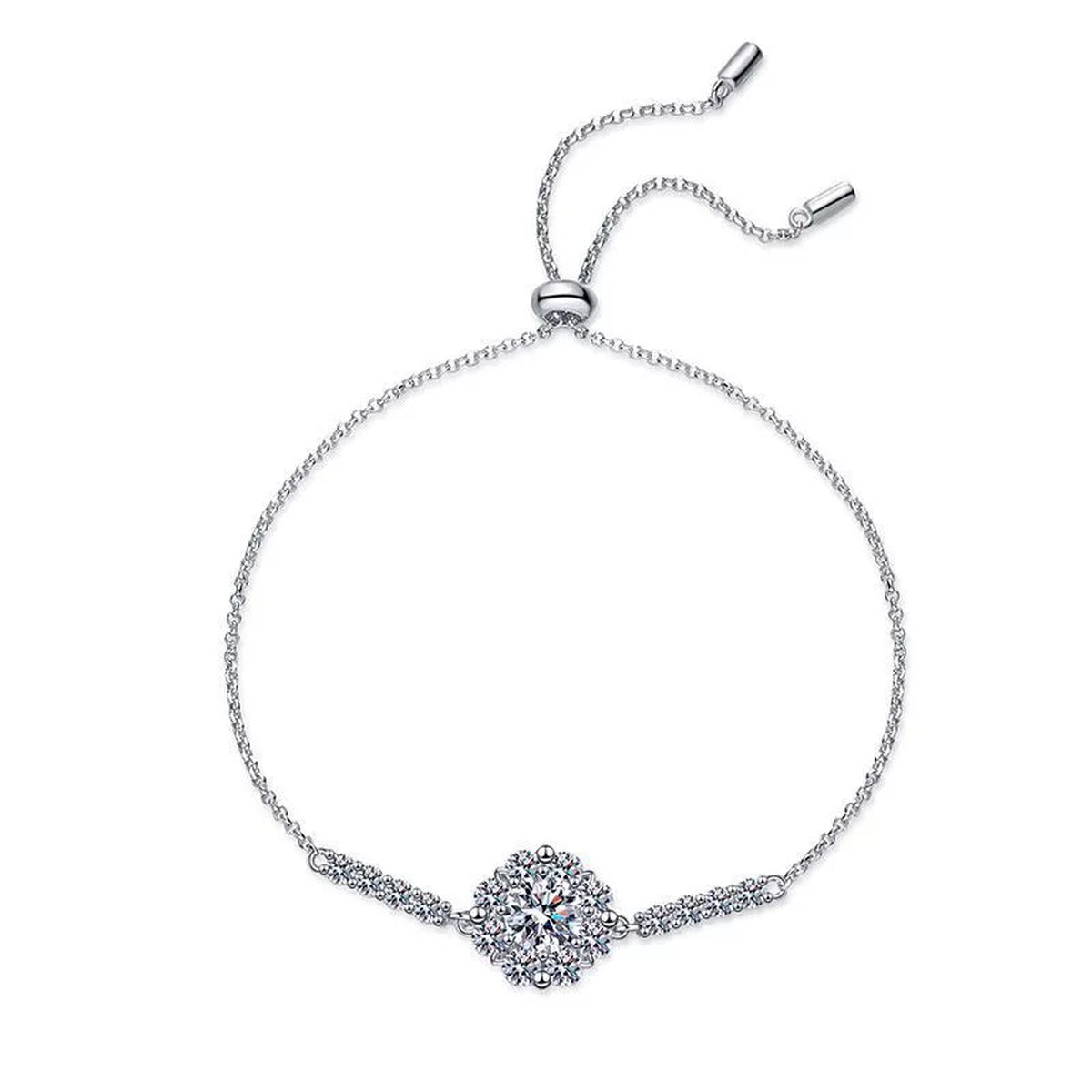 Halo Round Moissanite Adjustable Station Bracelet with CZ white background product photo showing bracelet shape and stone setting
