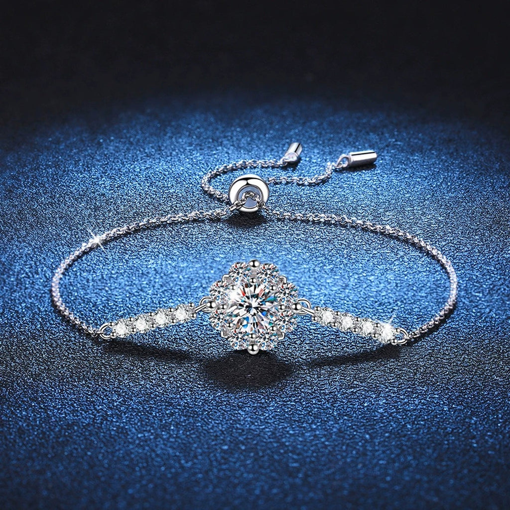 Halo Round Moissanite Adjustable Station Bracelet with CZ close-up bracelet detail showing chain, setting, and stone placement