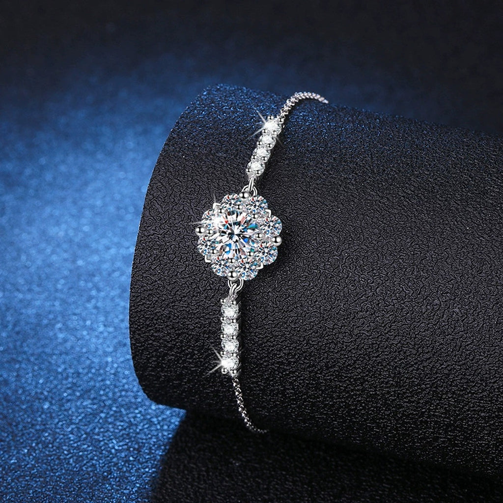 Halo Round Moissanite Adjustable Station Bracelet with CZ close-up bracelet detail showing chain, setting, and stone placement