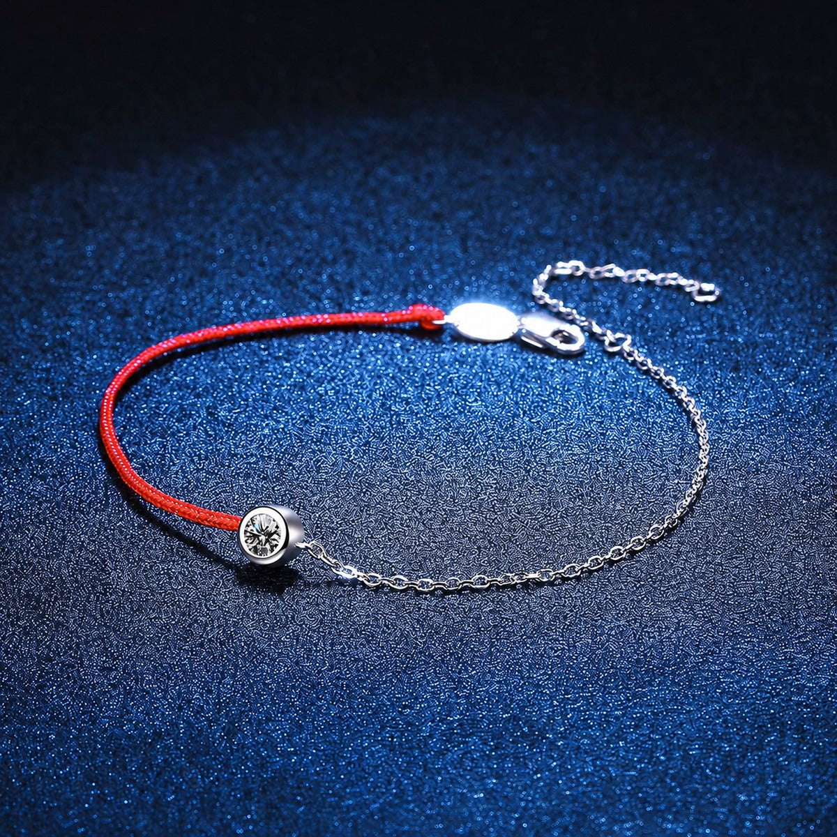 Two-Tone Red Cord Moissanite Adjustable Bracelet styled on blue display background with visible moissanite sparkle