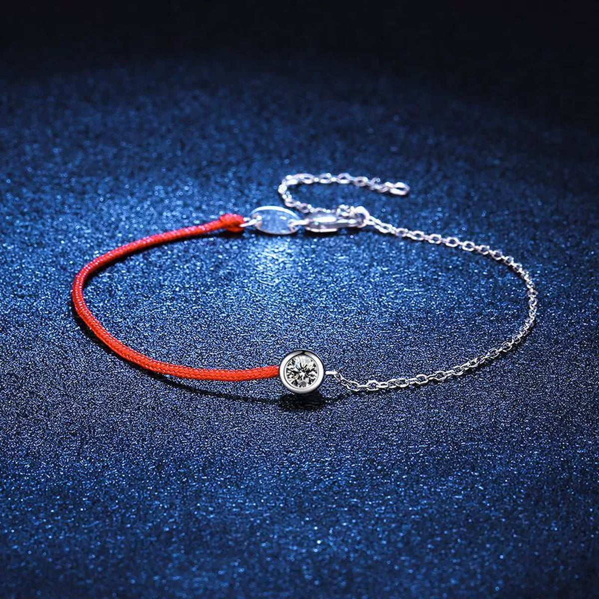 Two-Tone Red Cord Moissanite Adjustable Bracelet close-up bracelet detail showing chain, setting, and stone placement