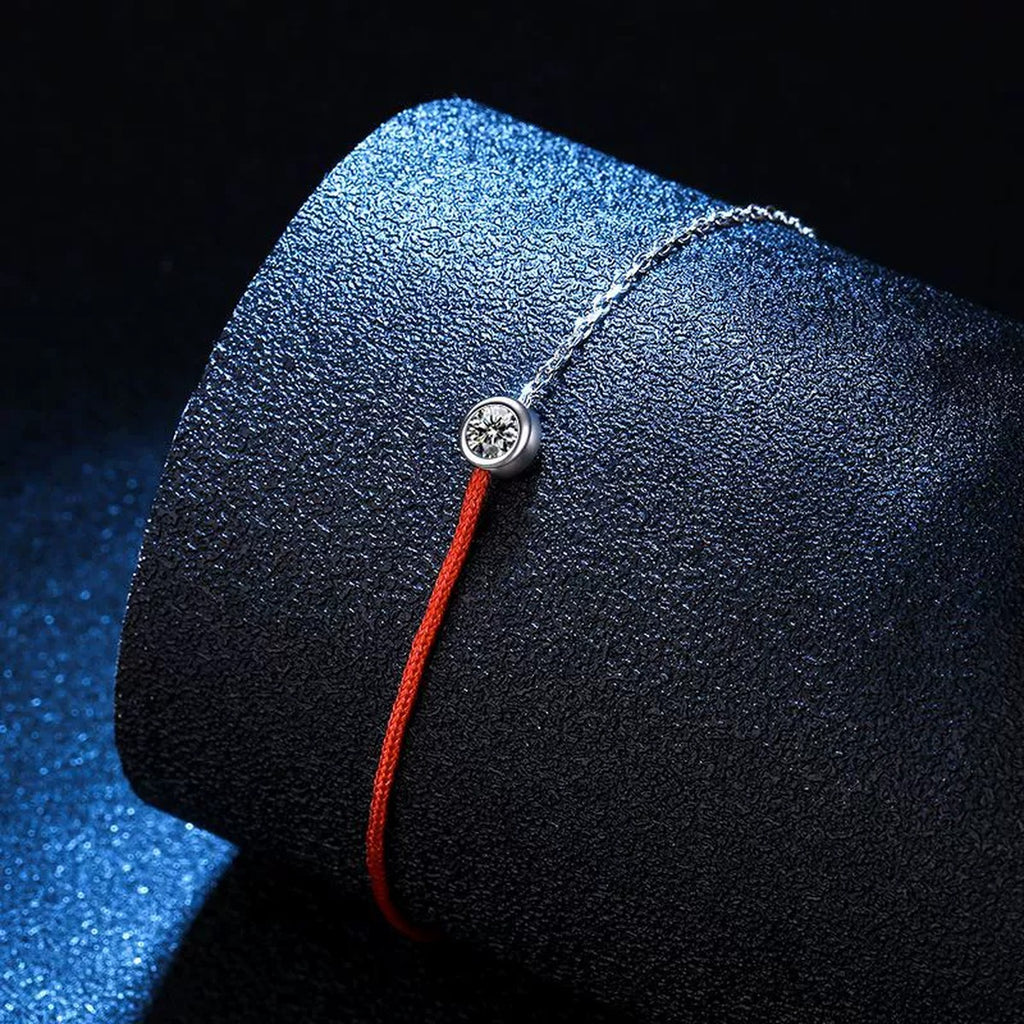 Two-Tone Red Cord Moissanite Adjustable Bracelet close-up bracelet detail showing chain, setting, and stone placement