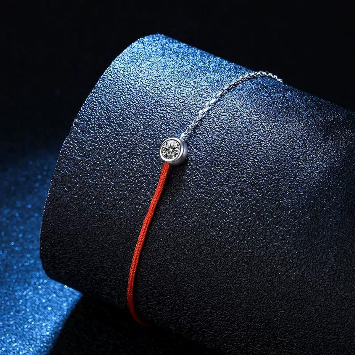 Two-Tone Red Cord Moissanite Adjustable Bracelet close-up bracelet detail showing chain, setting, and stone placement