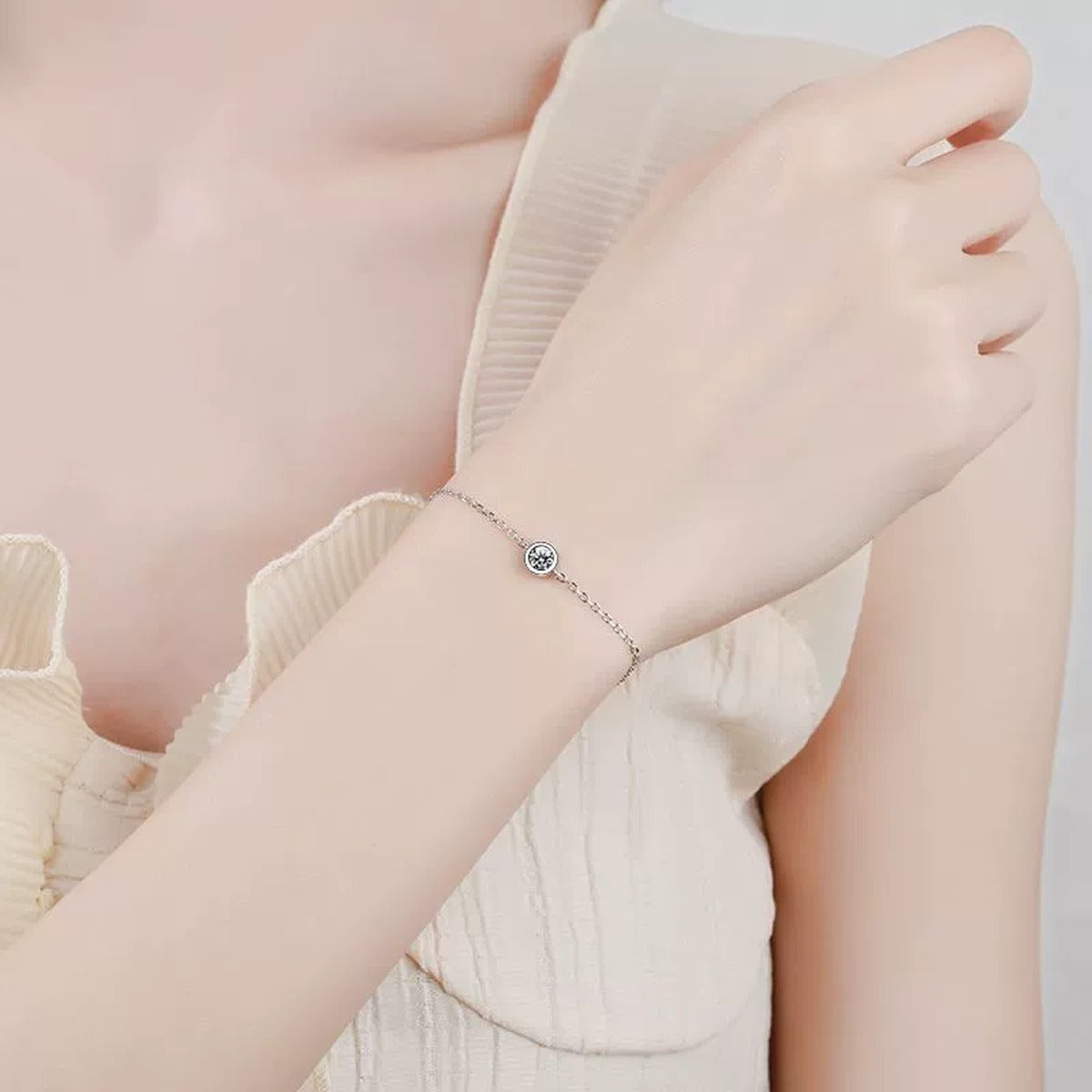 Beaded Moissanite Chain Bracelet worn on wrist by model showing scale and bracelet fit