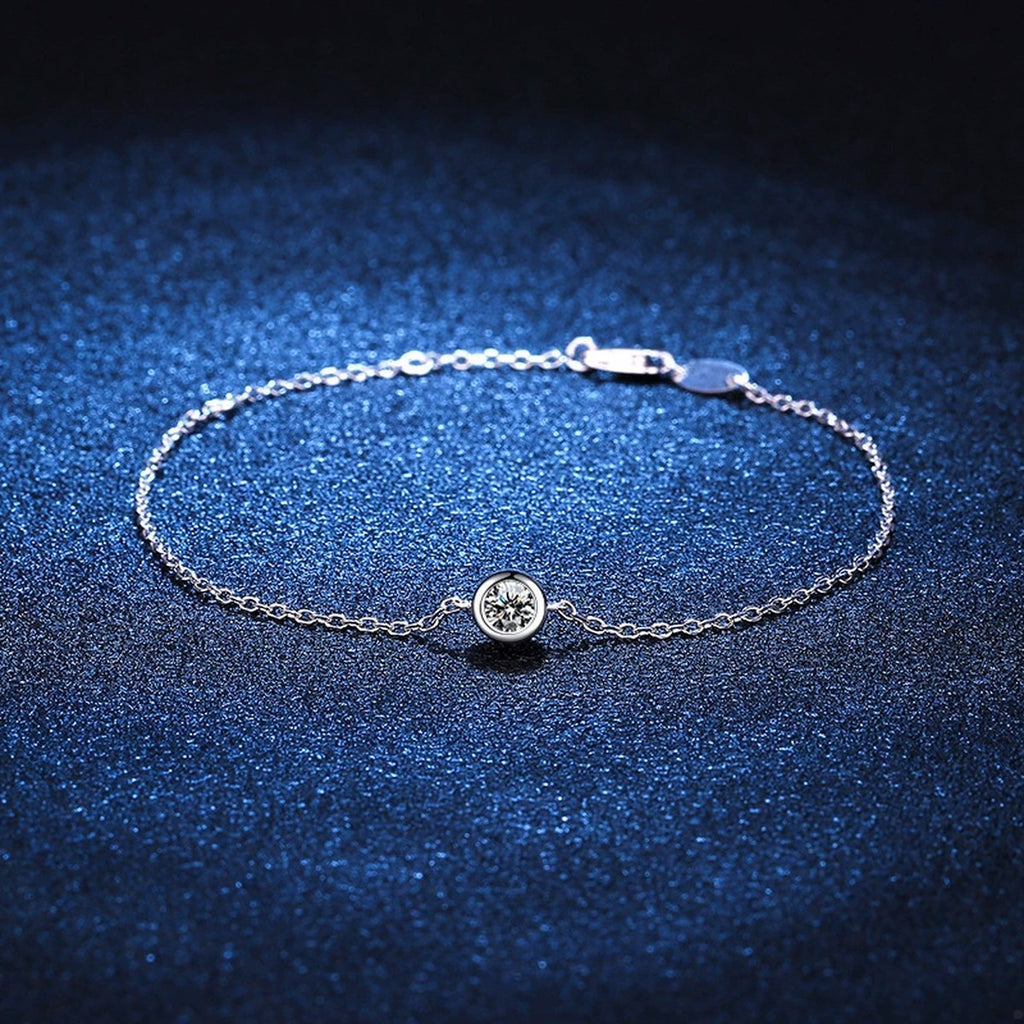 Beaded Moissanite Chain Bracelet styled on blue display background with visible moissanite sparkle