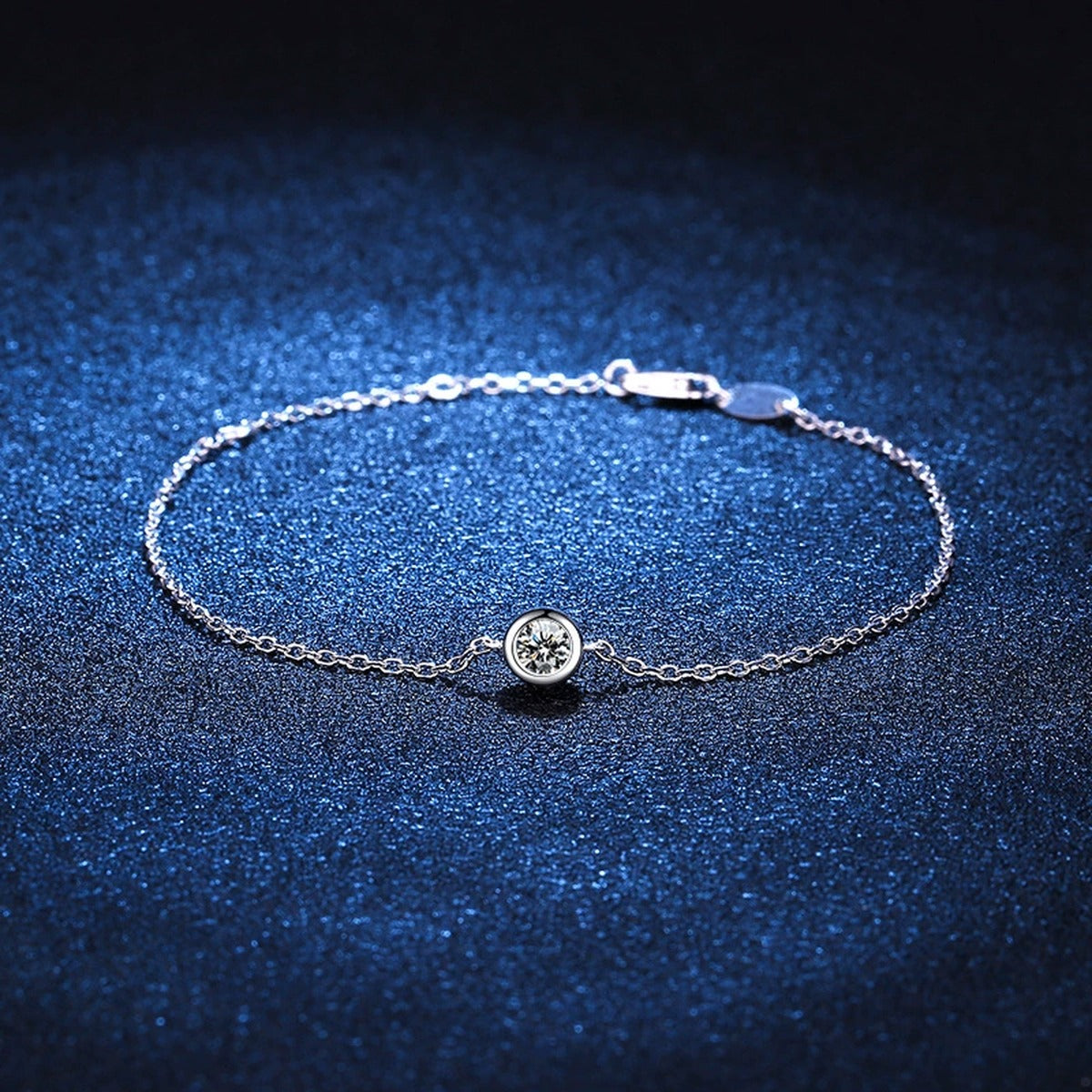 Beaded Moissanite Chain Bracelet styled on blue display background with visible moissanite sparkle