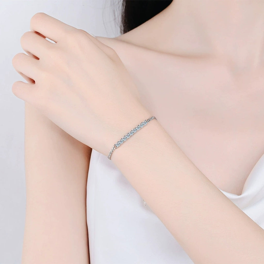 Moissanite Bar Tennis Bracelet worn on wrist by model showing scale and bracelet fit