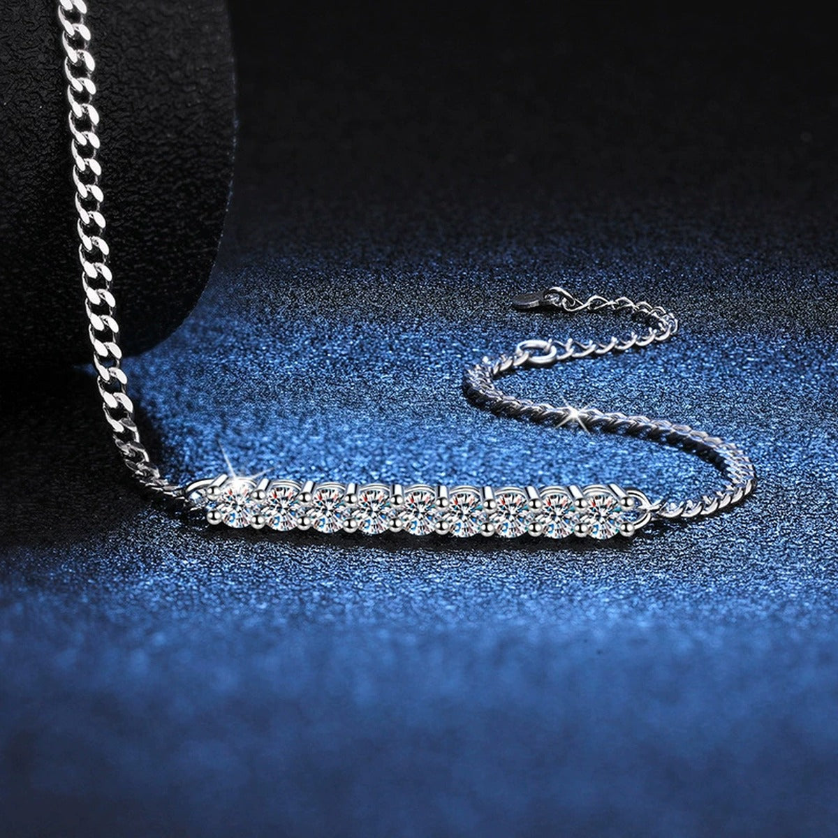 Moissanite Bar Tennis Bracelet close-up bracelet detail showing chain, setting, and stone placement