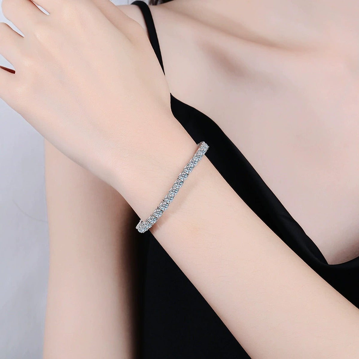 Moissanite Tennis Bracelet worn on wrist by model showing scale and bracelet fit