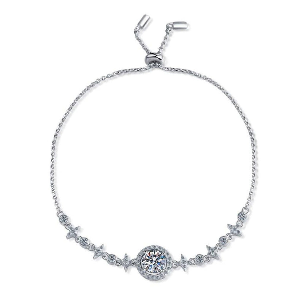 Moon and Star Moissanite Adjustable Bracelet with CZ white background product photo showing bracelet shape and stone setting
