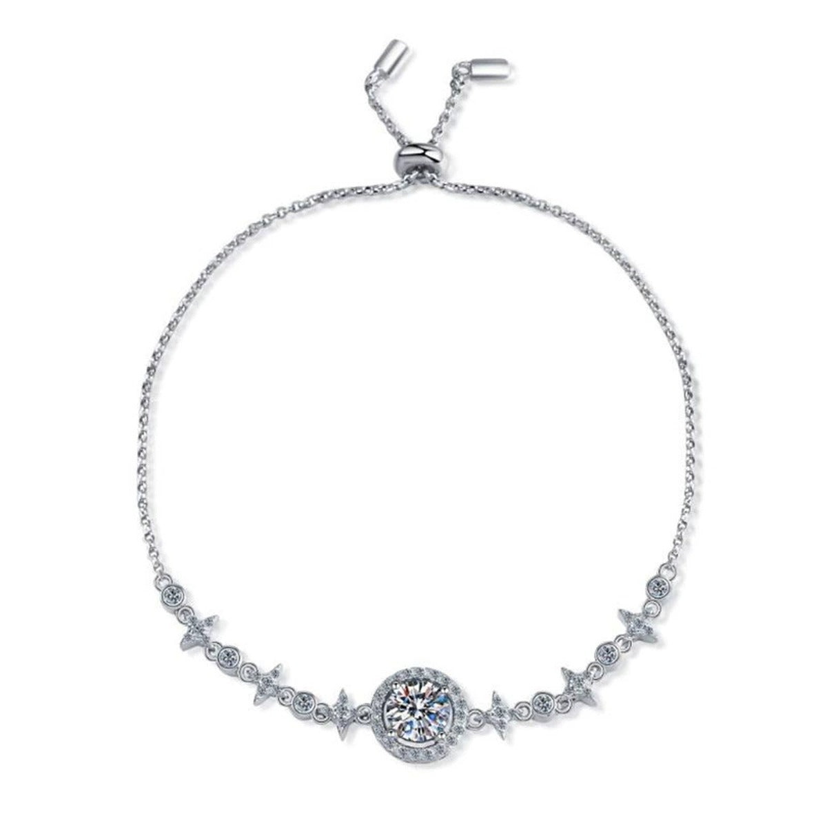 Moon and Star Moissanite Adjustable Bracelet with CZ white background product photo showing bracelet shape and stone setting