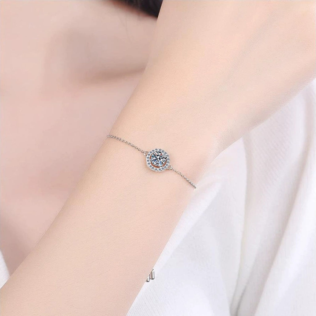 Moon and Star Moissanite Adjustable Bracelet with CZ worn on wrist by model showing scale and bracelet fit