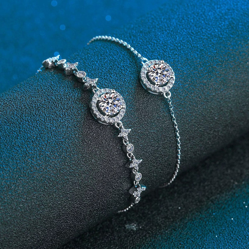 Moon and Star Moissanite Adjustable Bracelet with CZ close-up bracelet detail showing chain, setting, and stone placement