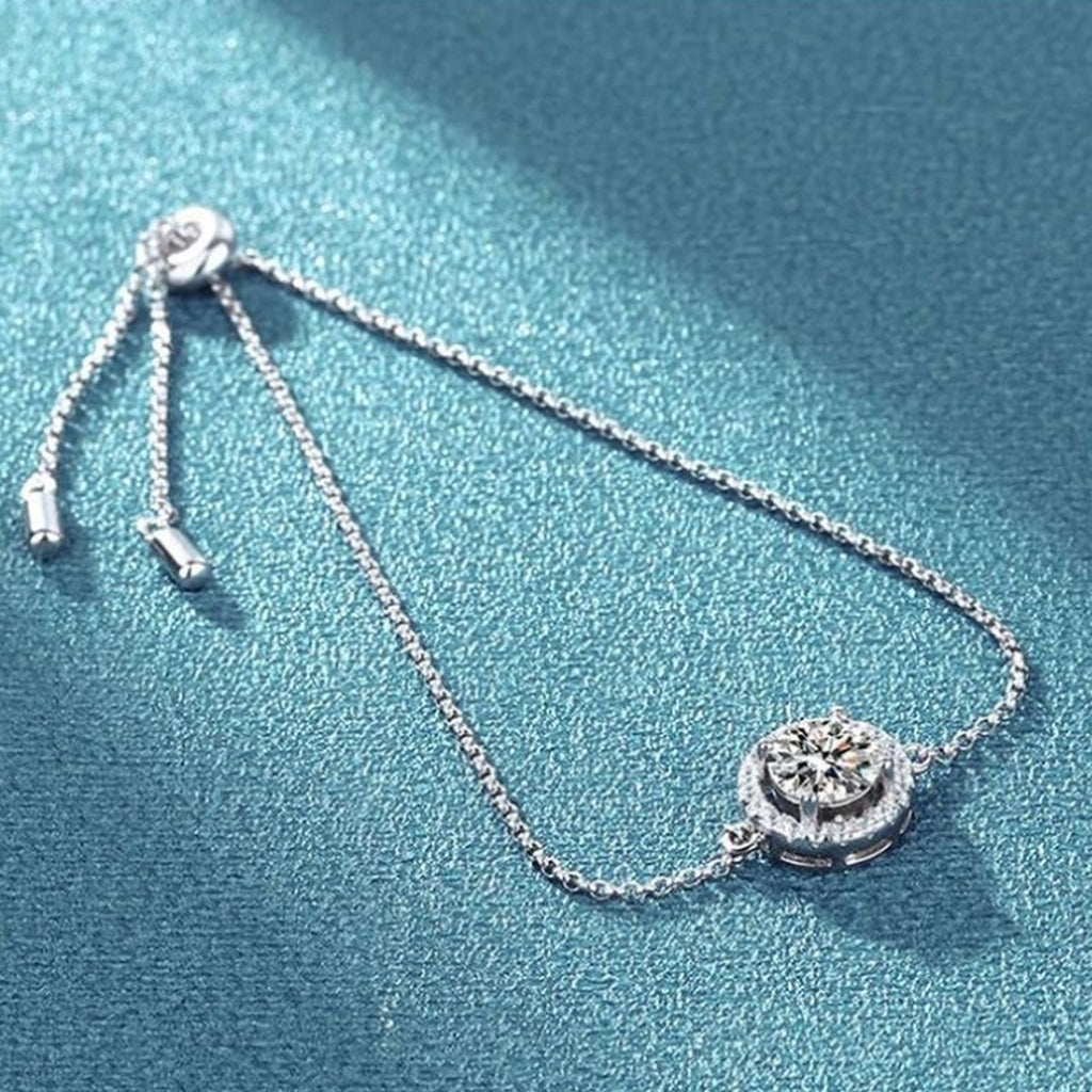 Moon and Star Moissanite Adjustable Bracelet with CZ in White Gold-Plated S925 Sterling Silver blue display scene showing bracelet sparkle and chain detail
