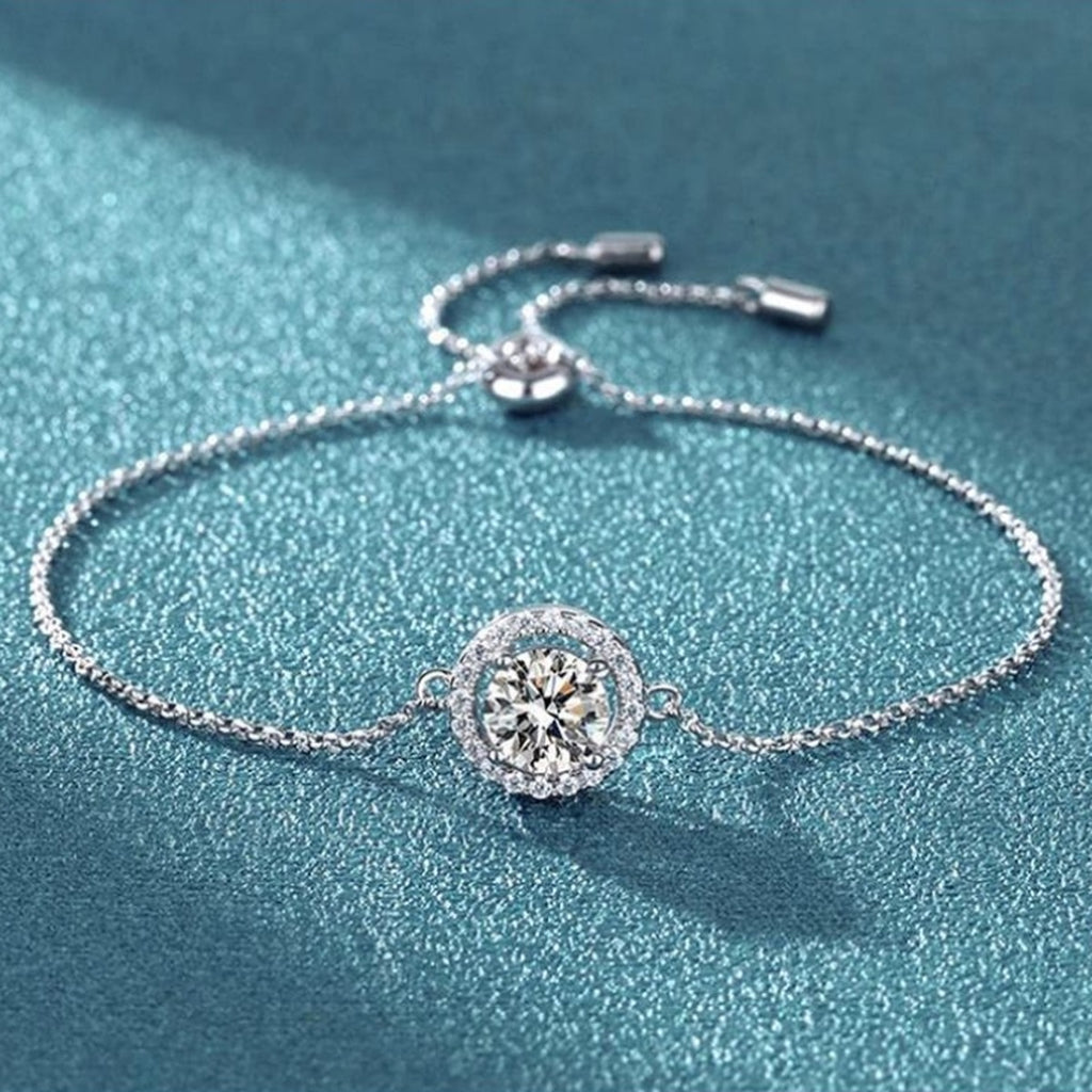 Moon and Star Moissanite Adjustable Bracelet with CZ in White Gold-Plated S925 Sterling Silver blue display scene showing bracelet sparkle and chain detail