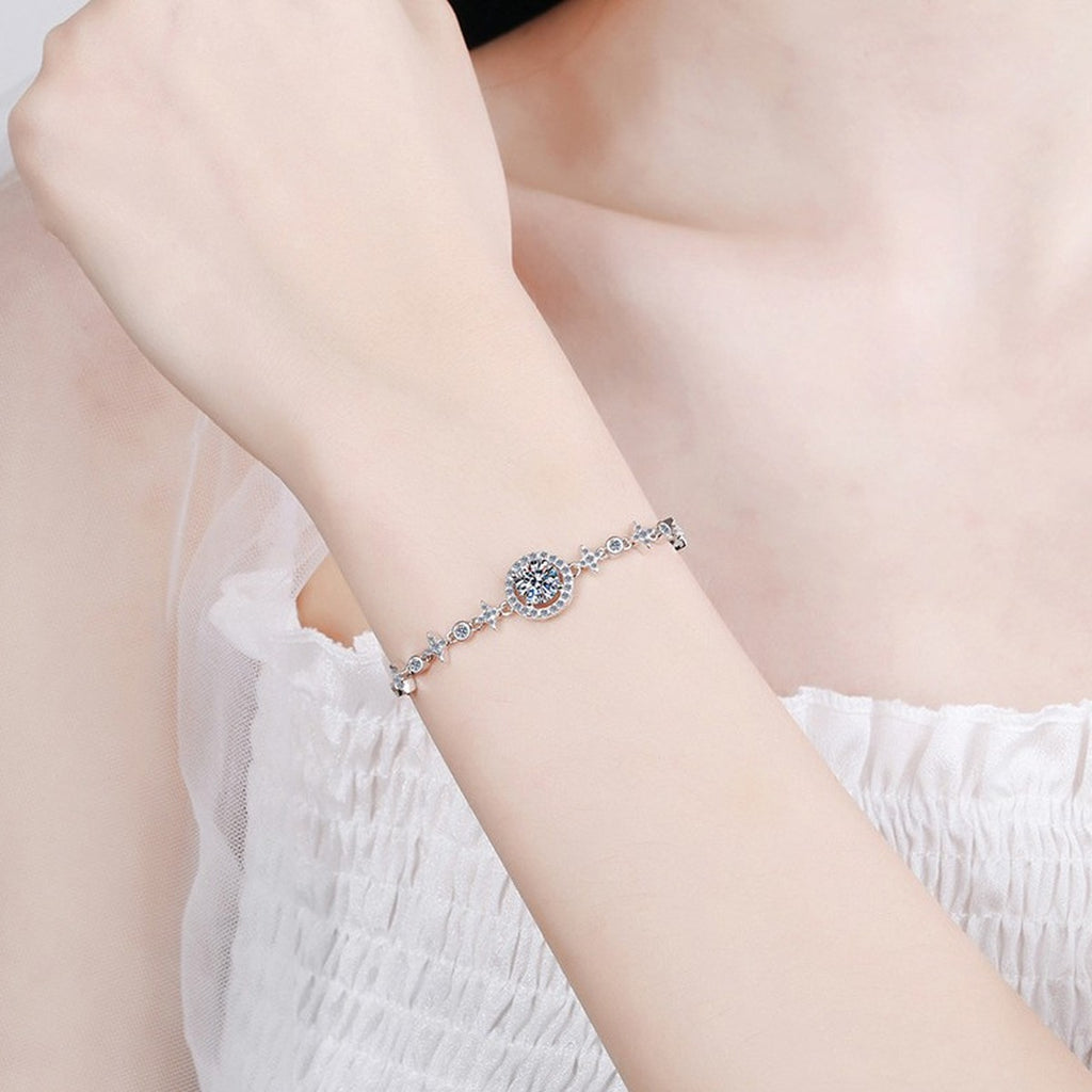 Moon and Star Moissanite Adjustable Bracelet with CZ in White Gold-Plated S925 Sterling Silver worn on wrist model view showing scale and fit