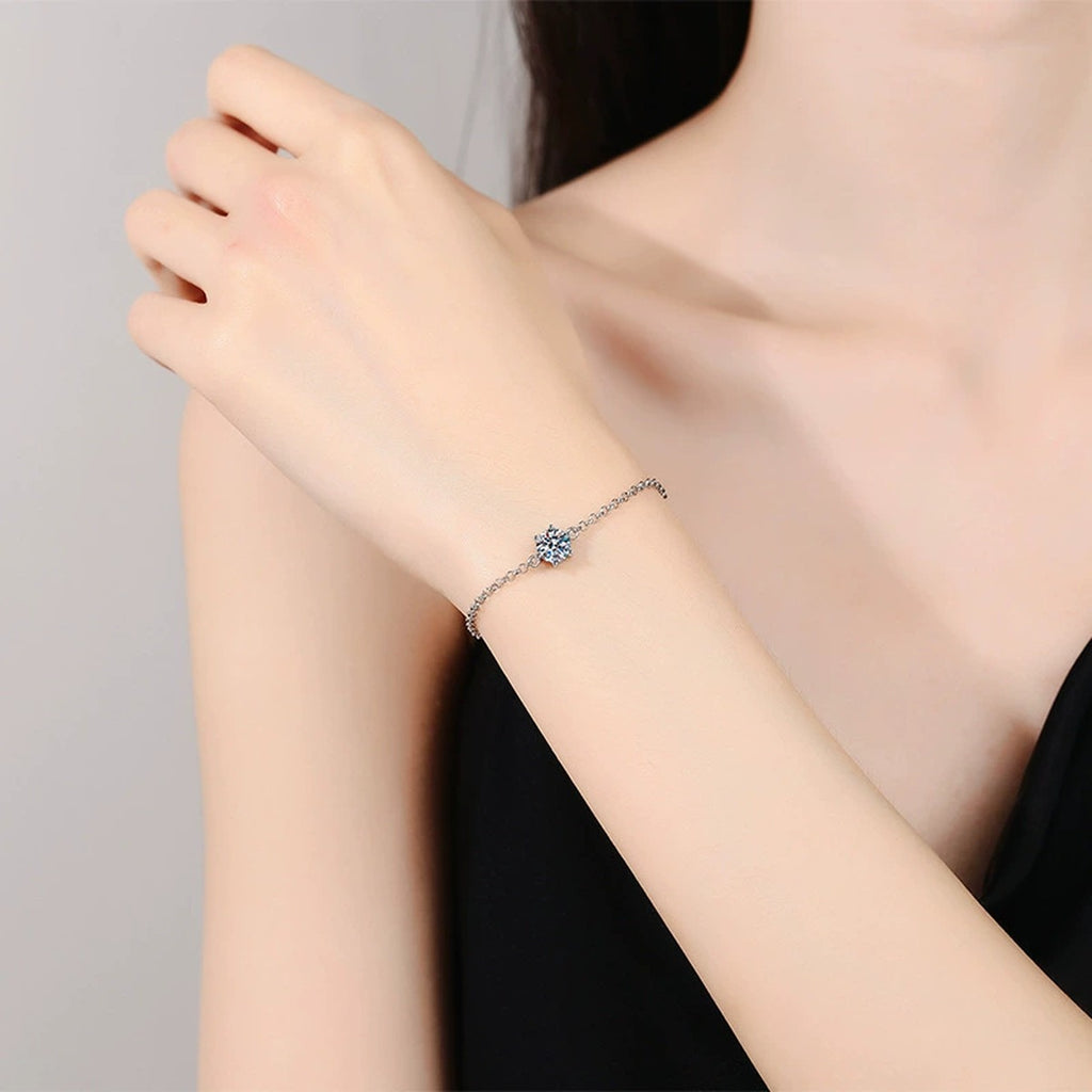 Starburst Moissanite Chain Bracelet worn on wrist by model showing scale and bracelet fit
