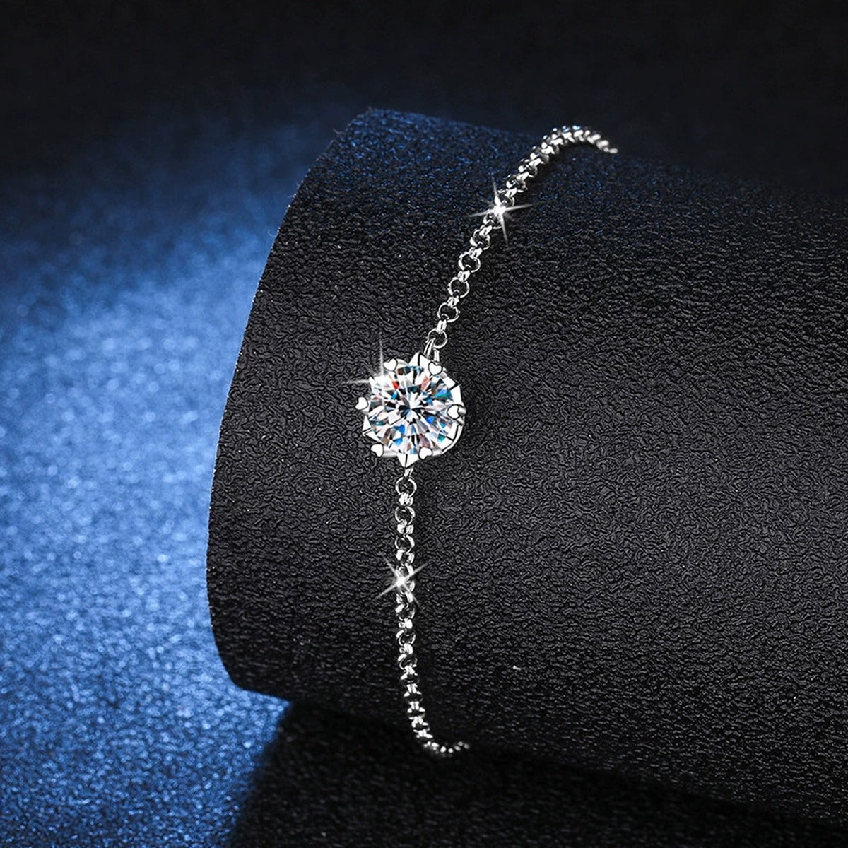 Round Halo Moissanite Chain Bracelet with CZ close-up bracelet detail showing chain, setting, and stone placement