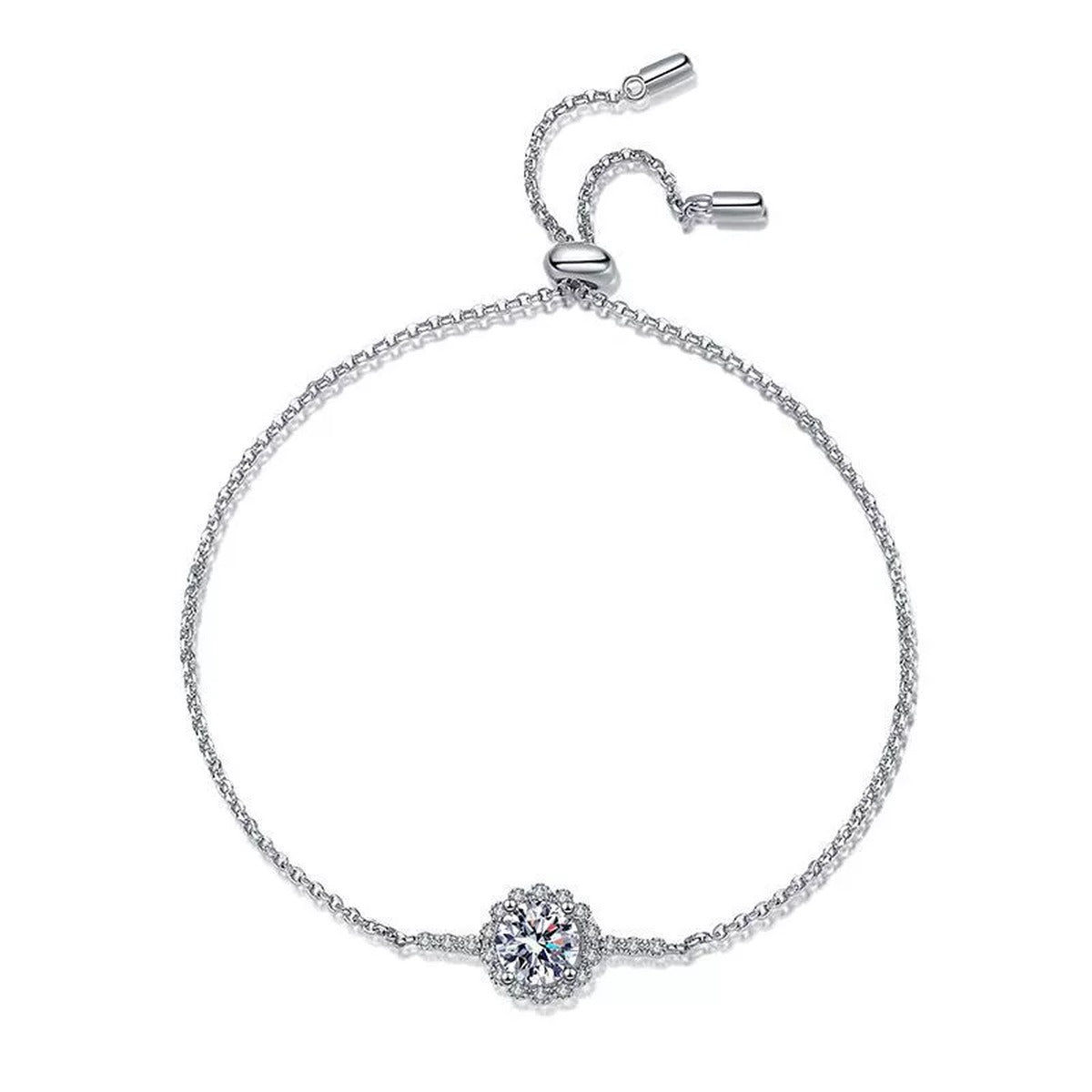 Round Halo Moissanite Adjustable Station Bracelet with CZ white background product photo showing bracelet shape and stone setting