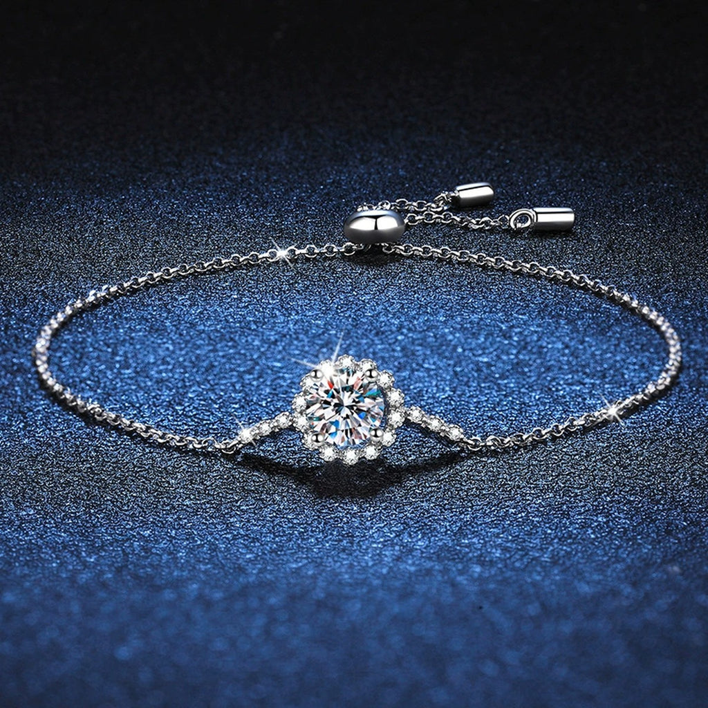 Round Halo Moissanite Adjustable Station Bracelet with CZ close-up bracelet detail showing chain, setting, and stone placement