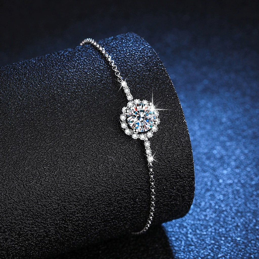 Round Halo Moissanite Adjustable Station Bracelet with CZ close-up bracelet detail showing chain, setting, and stone placement