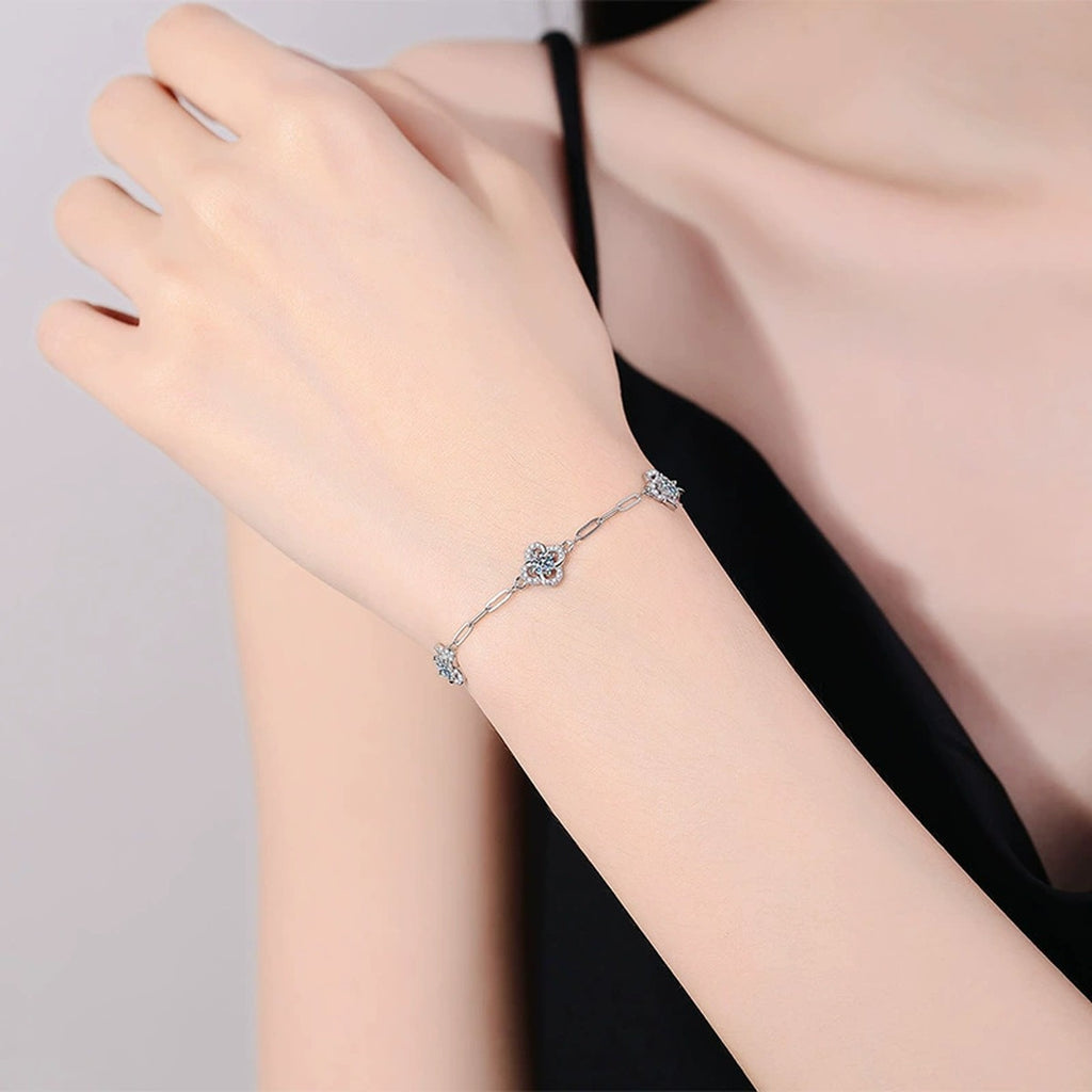Round Moissanite Station Bracelet with CZ worn on wrist by model showing scale and bracelet fit