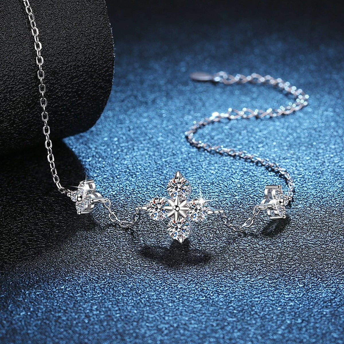 Floral Moissanite Station Bracelet with CZ close-up bracelet detail showing chain, setting, and stone placement