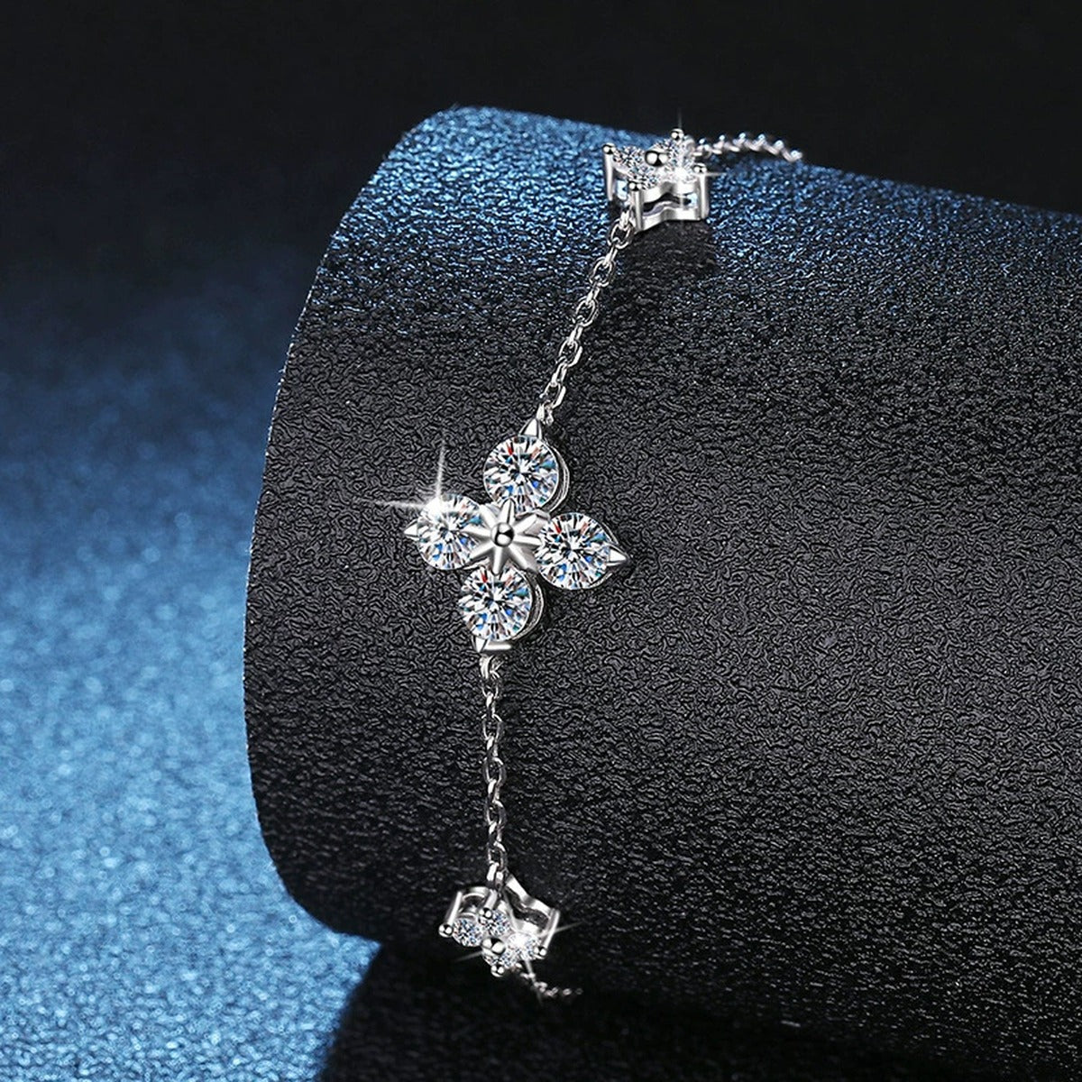 Floral Moissanite Station Bracelet with CZ close-up bracelet detail showing chain, setting, and stone placement
