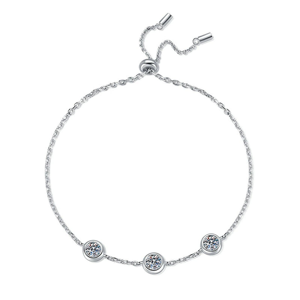 Three-Stone Moissanite Adjustable Station Bracelet white background product photo showing bracelet shape and stone setting