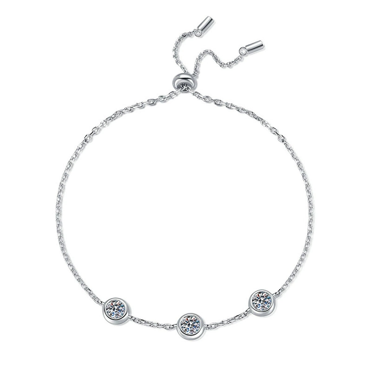 Three-Stone Moissanite Adjustable Station Bracelet white background product photo showing bracelet shape and stone setting