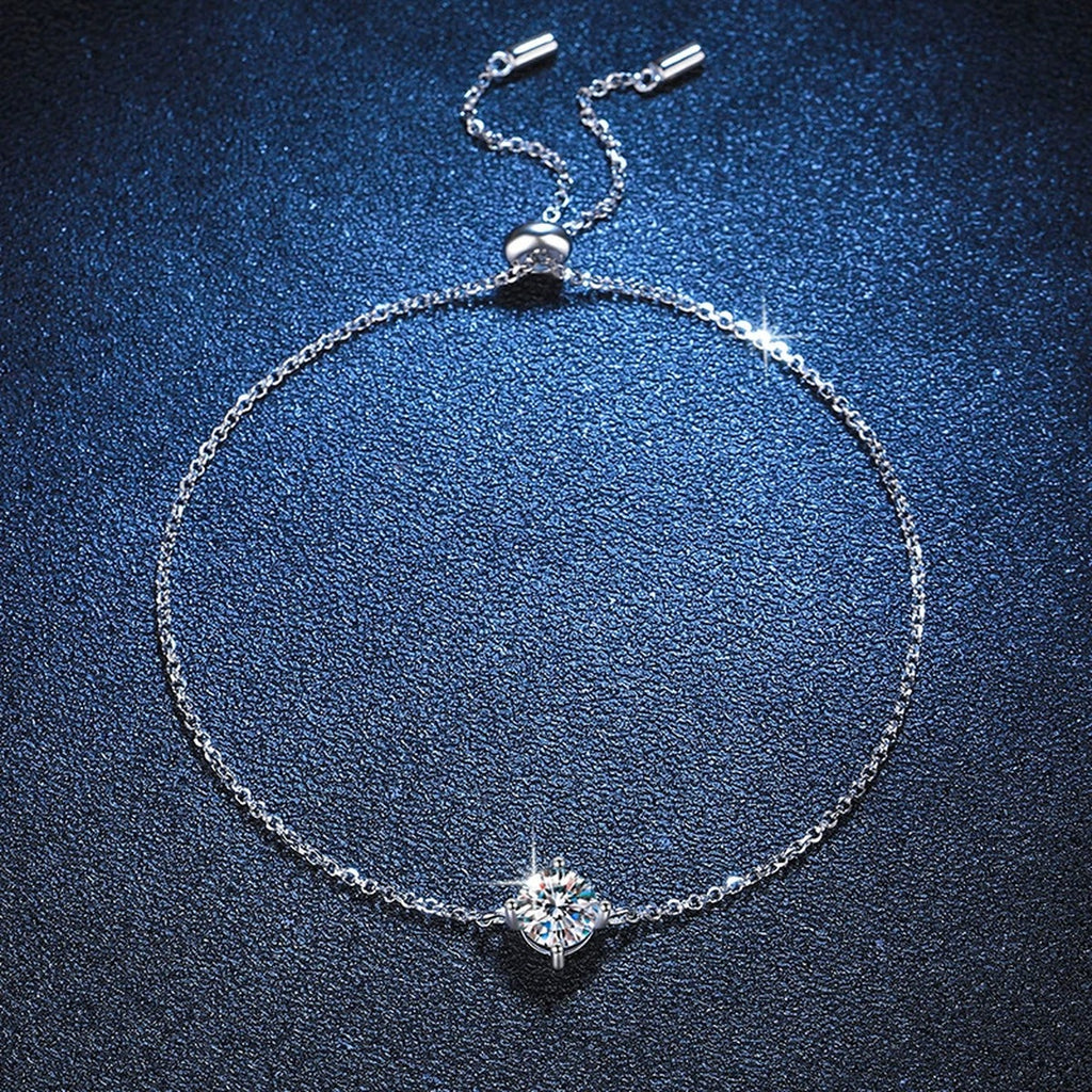 Round Moissanite Adjustable Station Bracelet close-up bracelet detail showing chain, setting, and stone placement
