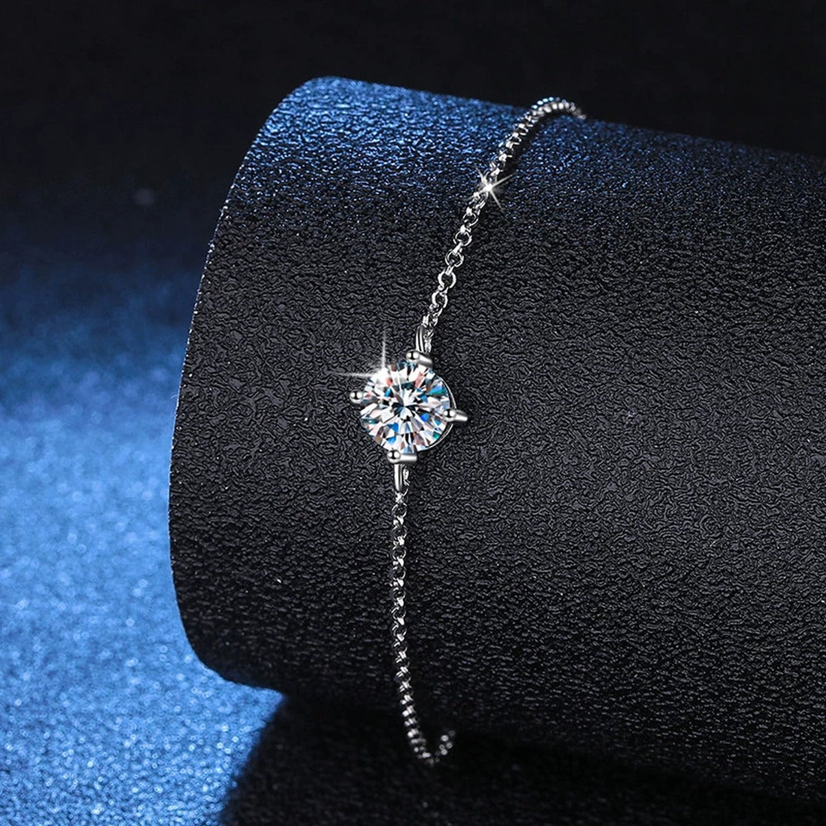 Round Moissanite Adjustable Station Bracelet close-up bracelet detail showing chain, setting, and stone placement