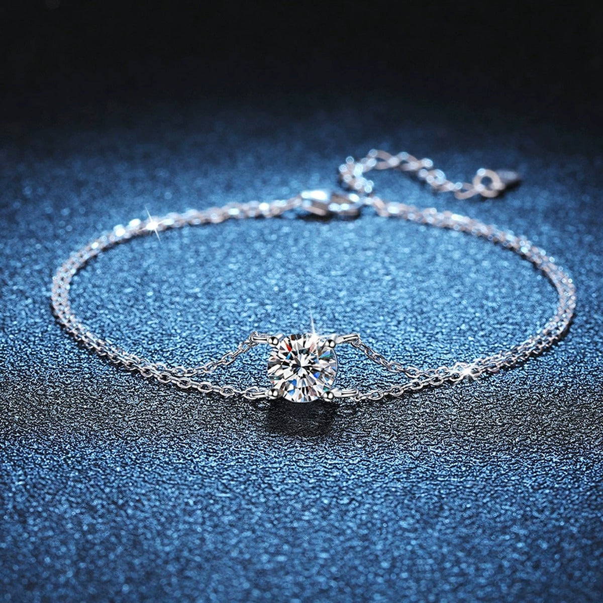 Kite Moissanite Chain Bracelet styled on blue display background showing moissanite sparkle