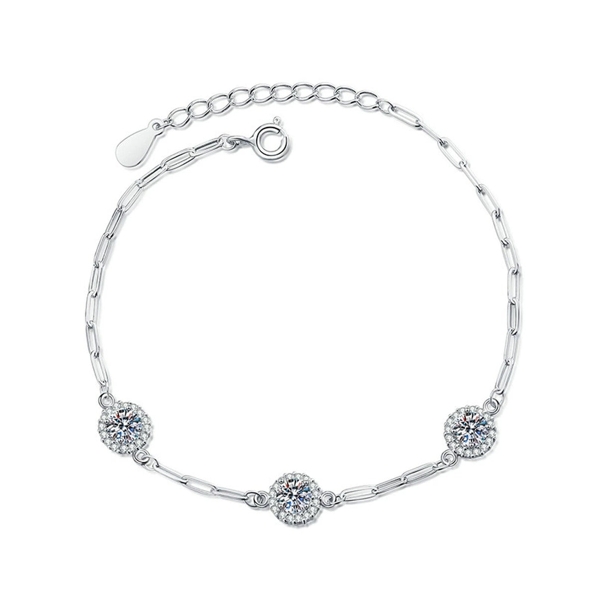 Three-Stone Round Moissanite Chain Bracelet with CZ white background product photo showing bracelet silhouette and moissanite setting