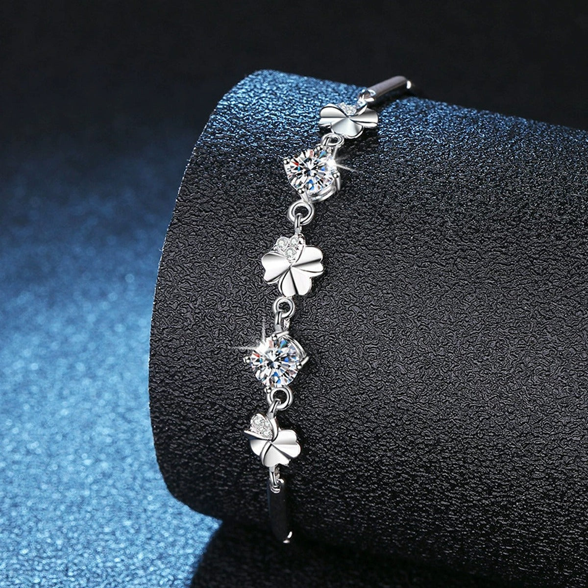 Graduated Moissanite Chain Bracelet with CZ worn on wrist by model showing bracelet scale and fit